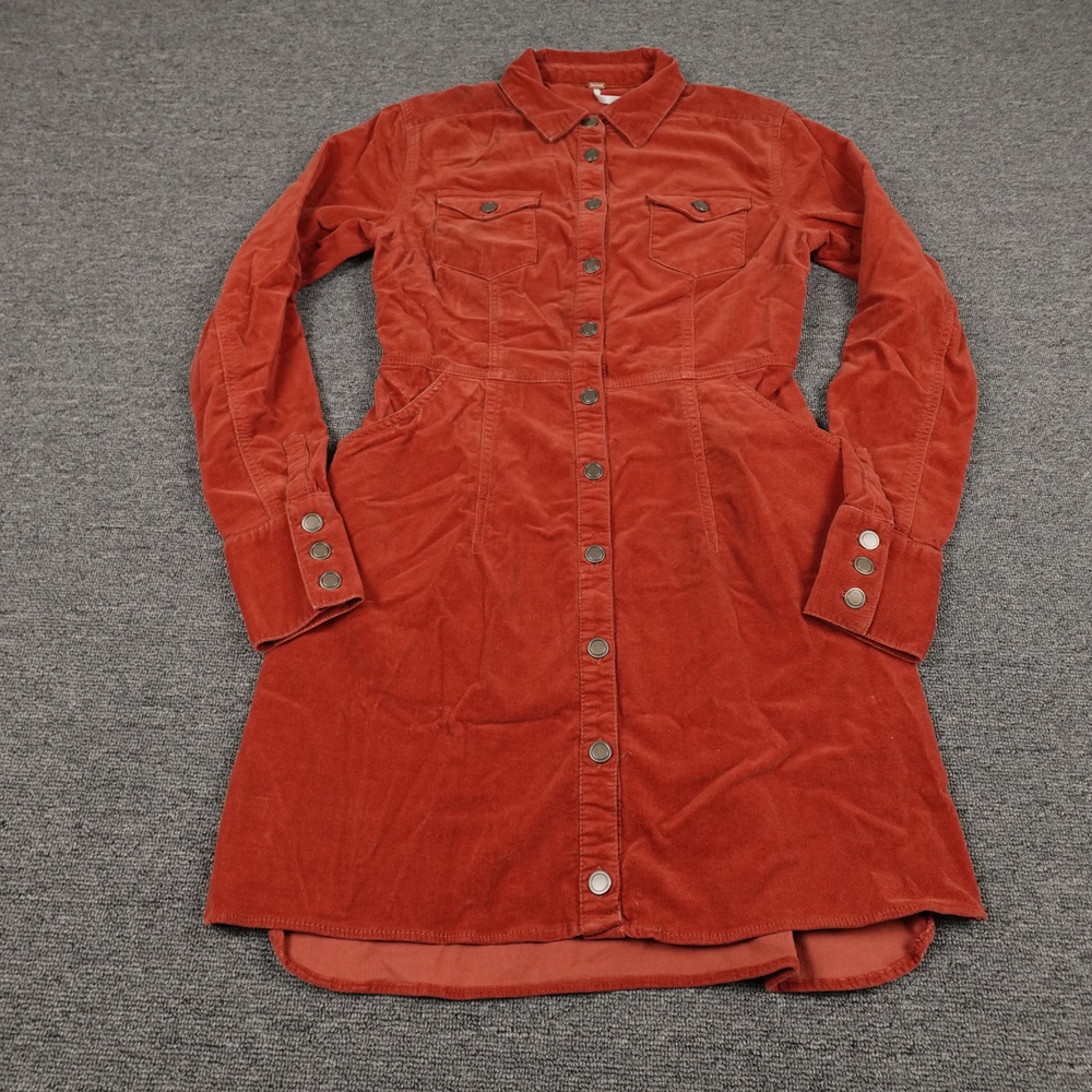Free People Dress Womens XS Orange Corduroy Long Sleeve Shirt Mini Western Snap